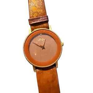 Vintage Falga Quartz Watch Women's Gold Tone Brown Leather Band Analog Timepiece